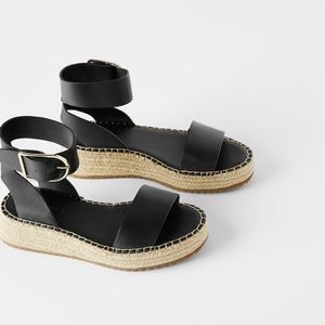 Zara MINI LEATHER WEDGES ANKLE STRAP Black 38 7.5